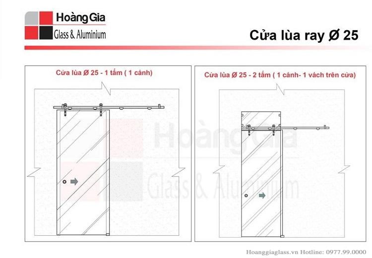 Cửa kính lùa ray inox phi 25 Mô hình cửa kính lùa ray inox phi 25 gồm 1 tấm và 2 tấm