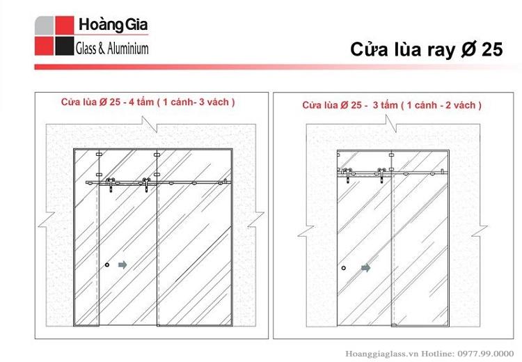 Cửa kính lùa ray inox phi 25 Mô hình cửa kính lùa ray inox phi 25 gồm 3 tấm và 4 tấm