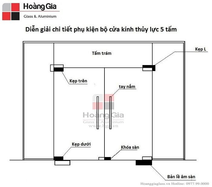 Cửa kính thủy lực 5 tấm sang trọng, cực bền Các phụ kiện cửa kính thủy lực 5 tấm