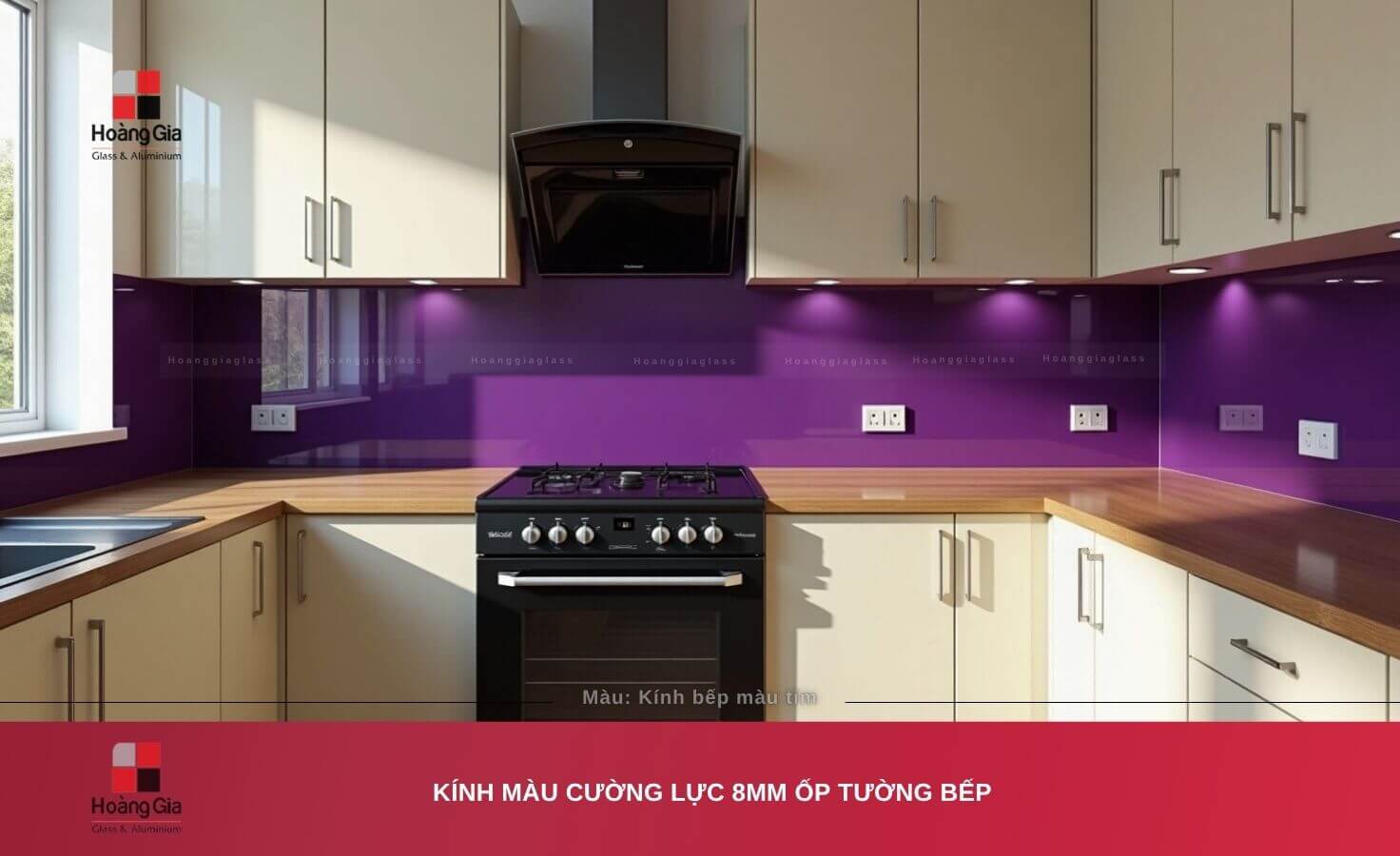 Kính ốp bếp màu tím cường lực