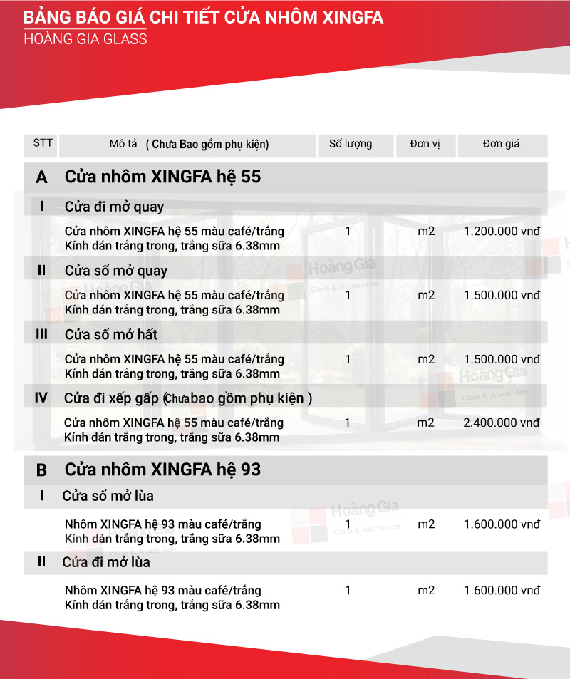 Báo giá cửa nhôm Xingfa của Hoàng Gia Glass