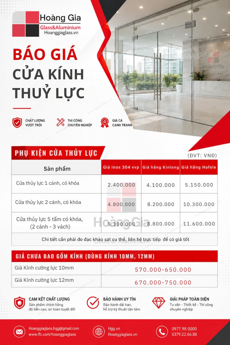 Báo giá cửa kính thuỷ lực Hoàng Gia Glass