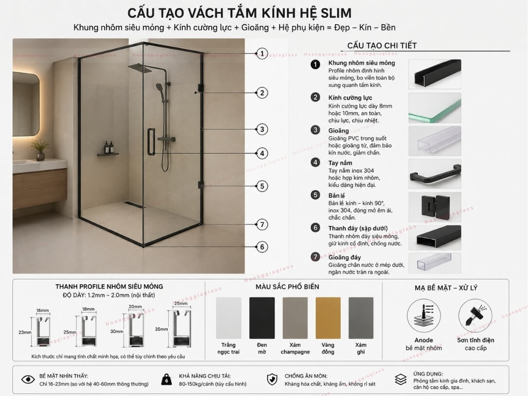 Cấu tạo chi tiết vách tắm kính hệ slim khung nhôm